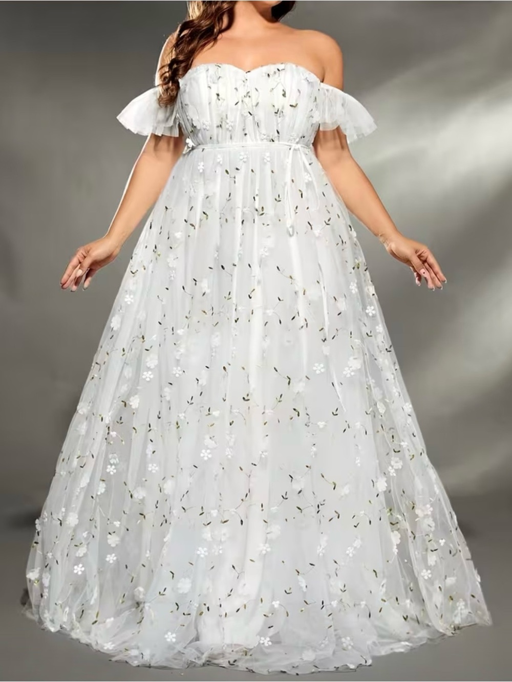 Off-Shoulder White Floral Tulle Dress - 2X